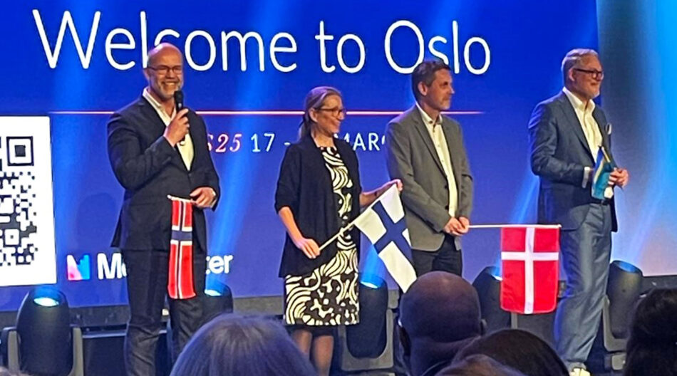 Pohjoismaisten liikematkayhdistysten toiminnanjohtajat: isäntämaa Norjan NBTA:n Carl Moltzau (vas.), Suomen Liikematkayhdistys ry FBTA:n Sari Viljamaa, Tanskan DBTA:n Jens Søndergaard ja Ruotsin SBTA:n Fredrik Hermelin.